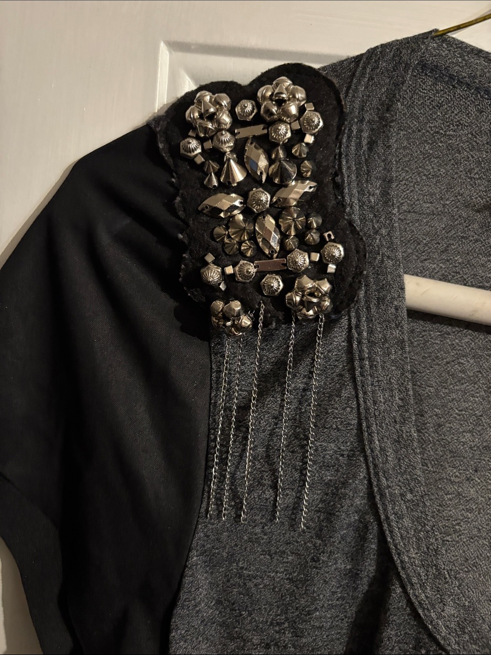 Penelope Charcoal Gray Tee with Black Beaded Fringe Shoulders